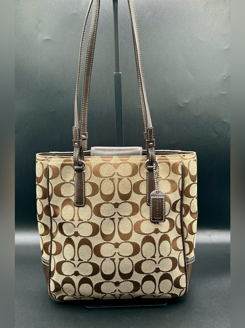 COACH Vintage Signature 6090 Tote Shoulder Bag-Purse with Leather Trim & Handles